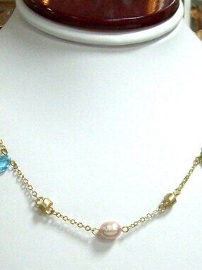 18 INCH, FRESH WATER PEARLS, SATIN GOLD & MULTI COLOR CRYSTALS NECKLACE